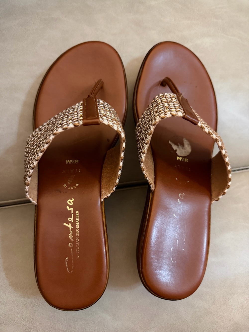 Contesta size 9.5 Made in Italy Women's Brown Woven Leather Toe-Post Sandals